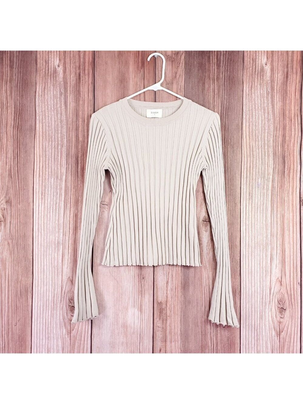 Dissh Womens Small Ada Stone Knit Beige Long Sleeve Ribbed Pullover Sweater Top - Picture 2 of 12